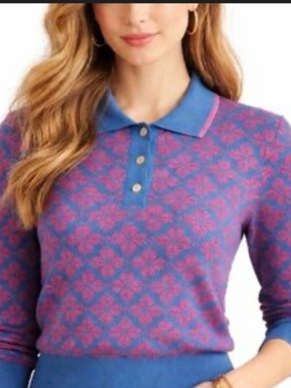 Kate Spade New York Blue & Pink Floral Jacquard Knit Polo Sweater Size Small